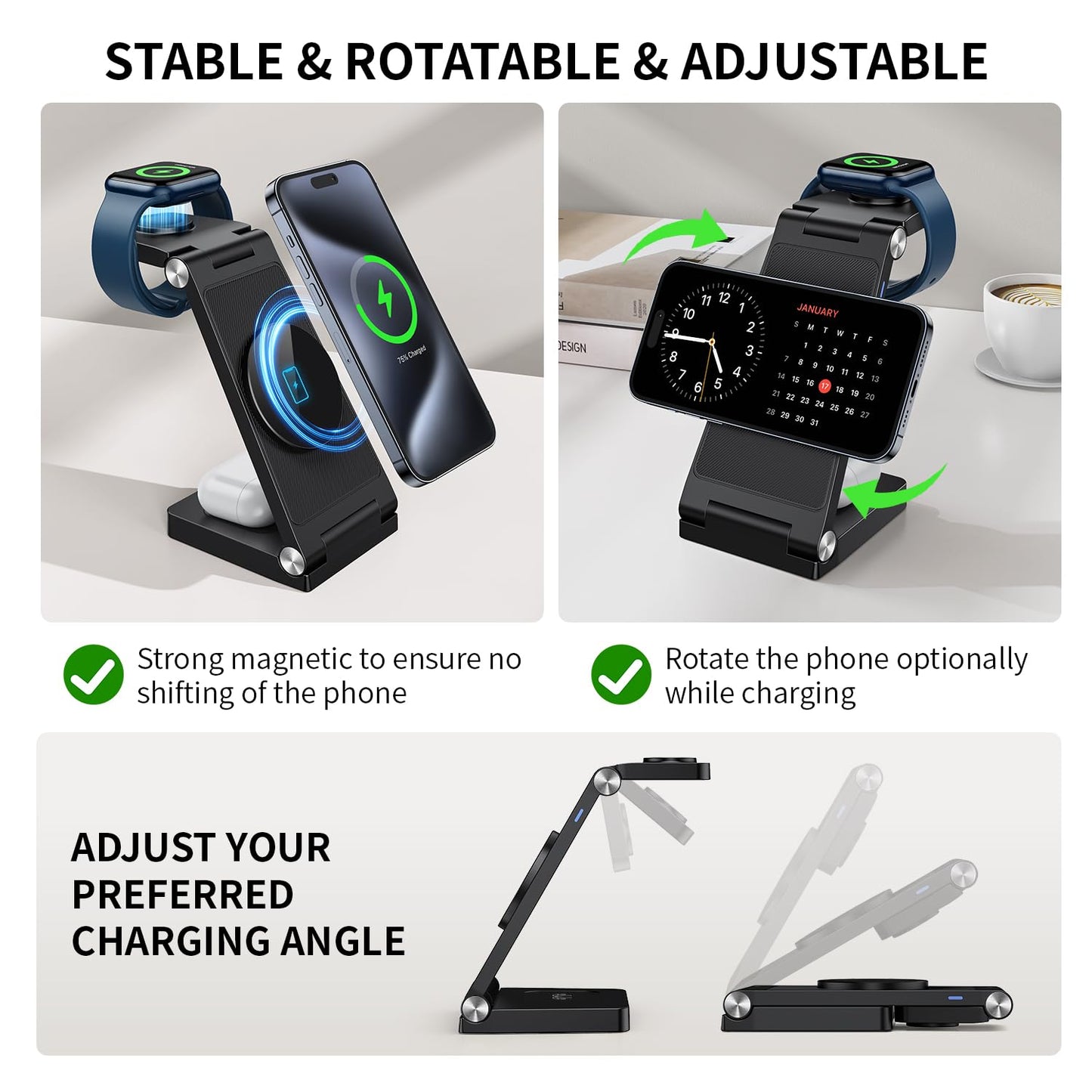RYND 2026 Traveling Wireless Mag-Safe Fast Charging Station,Magnetic 3 in 1 Charger with Light for iPhone 16 15 14 13 12 Pro Max Plus,Apple Watch
