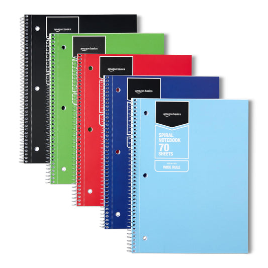 Amazon Basics Wide Ruled Spiral Notebook, For Work and School, 70 Sheets, 8" x 10.5", Assorted Solid Colors, 5 pack