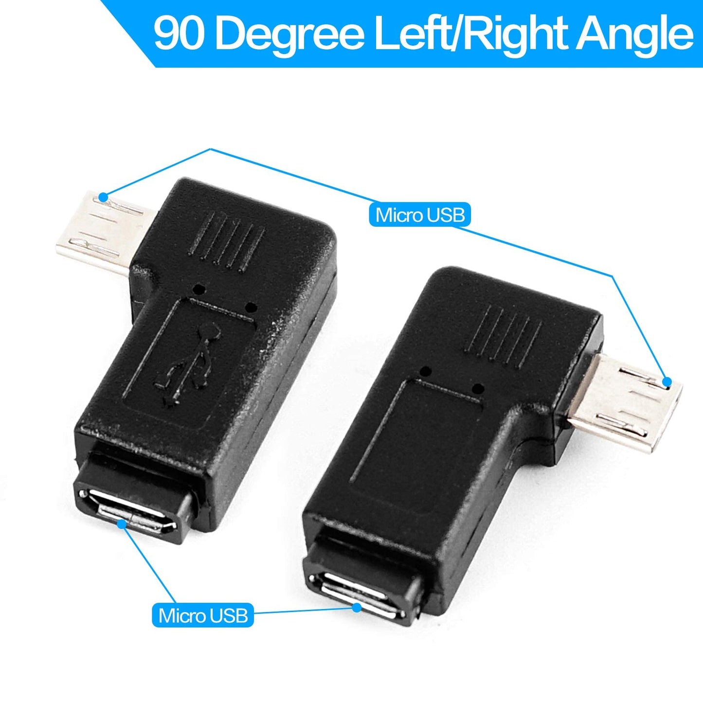 Haiker 1 Pair Right Left Angle Micro USB Male 90 Degree USB Male to Micro Female Plug Adapters