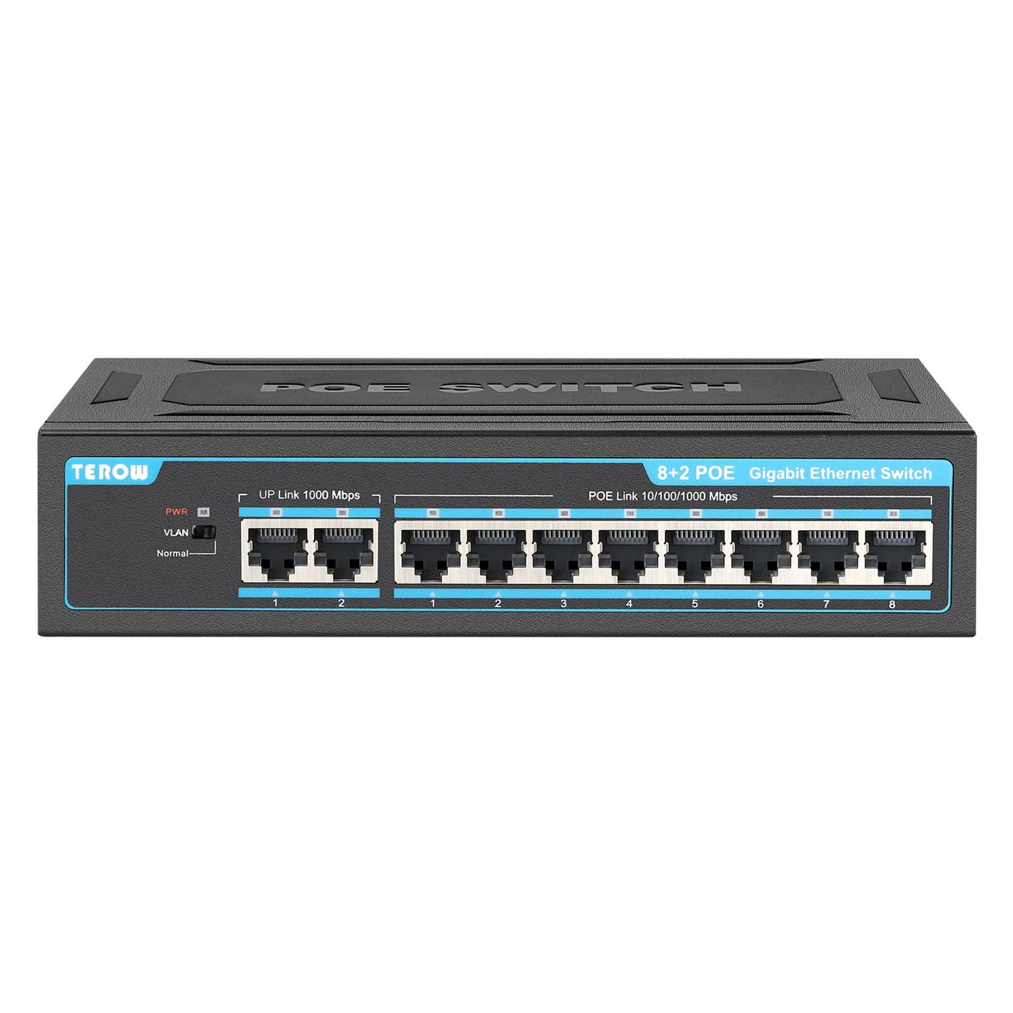 8-Port PoE Gigabit Switch with 2 Gigabit Uplink, 8 PoE+Port 1000Mbps, 96W, 802.3af/at Vlan, Metal fanless Design, Plug-and-Play, Desktop