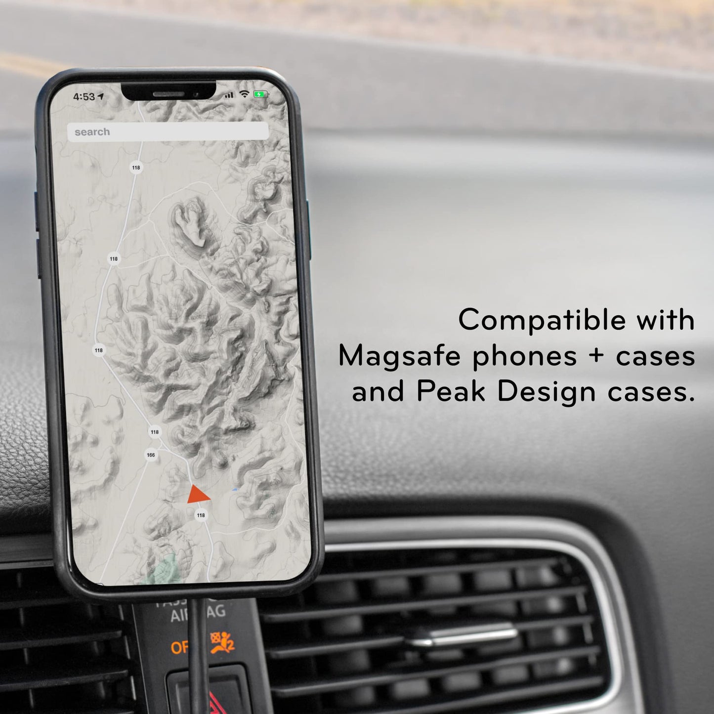 Peak Design Mobile Charging Car Mount, Black, Qi1 Charging, Mounts to Dash or Console, Connects to Mobile Cases, MagSafe Compatible, for iPhone