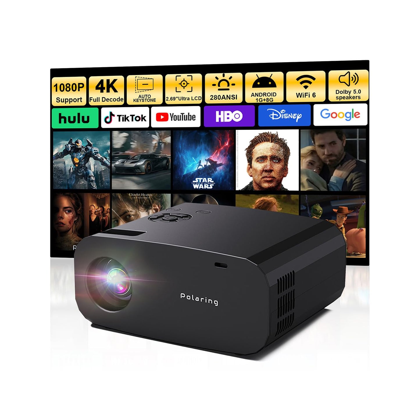 Mini Projector with WiFi and Bluetooth,4K Smart 1080P Portable Outdoor Movie Proyector with Android 13 & Built-in Apps, Auto Vertical