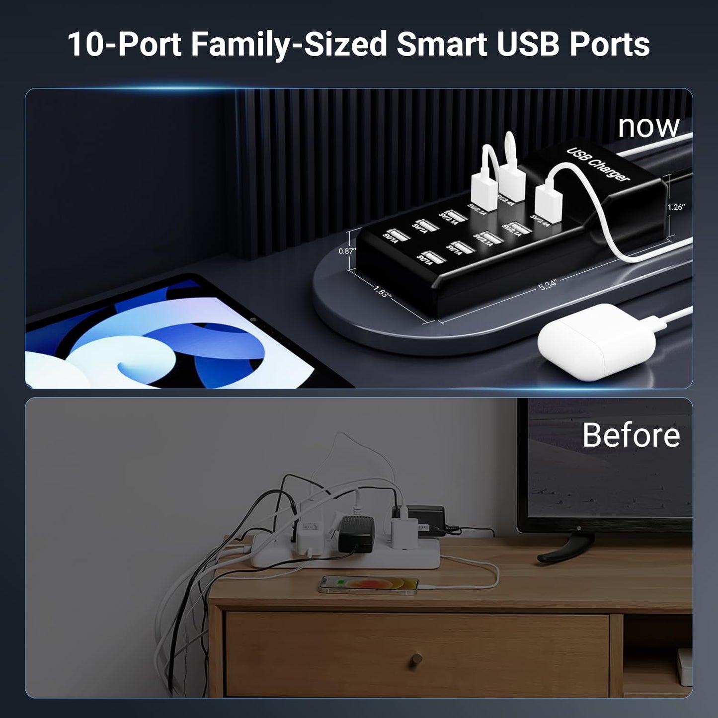 USB Charging Station 50w10A 10-Port Charger, Multiport Charger Hub, Compatible with iPhone, Galaxy, iPad Tablet, and Other Devices?Black?