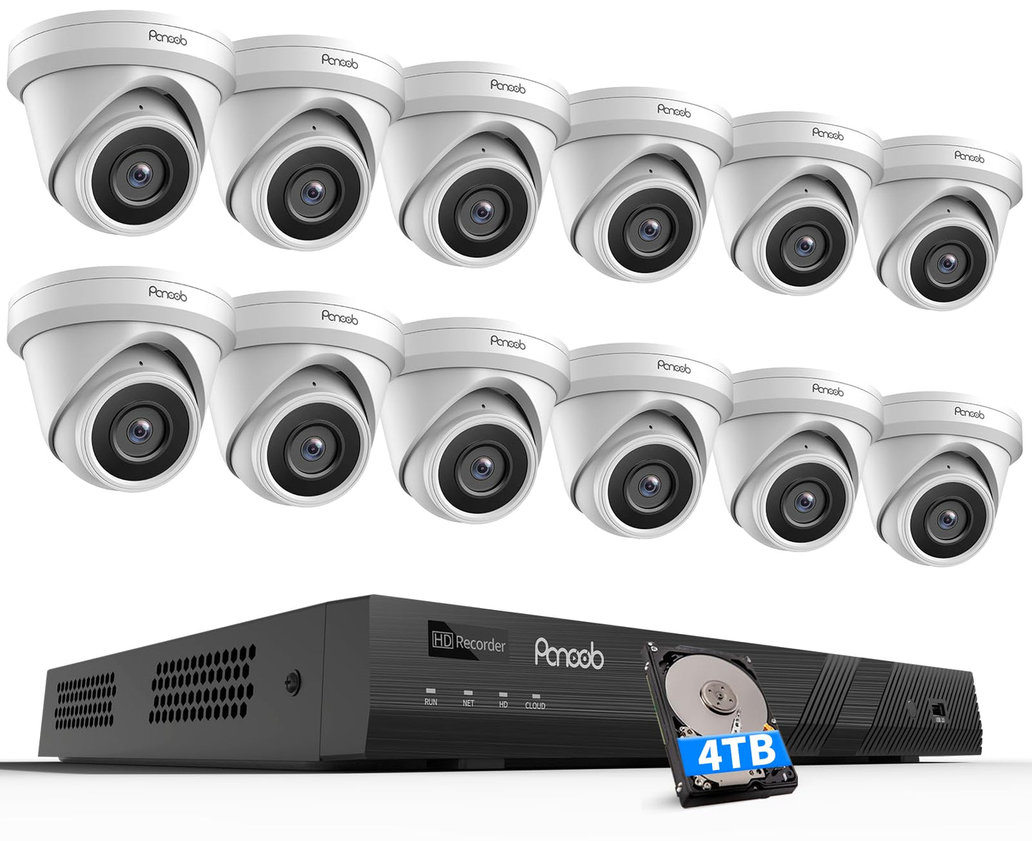 PANOOB 16 Channel Security Camera System, 12x 5MP Wired IP Turret Dome PoE Camera Outdoor, AI Human Detection, Built-in Mic, Remote Access, 4K 16