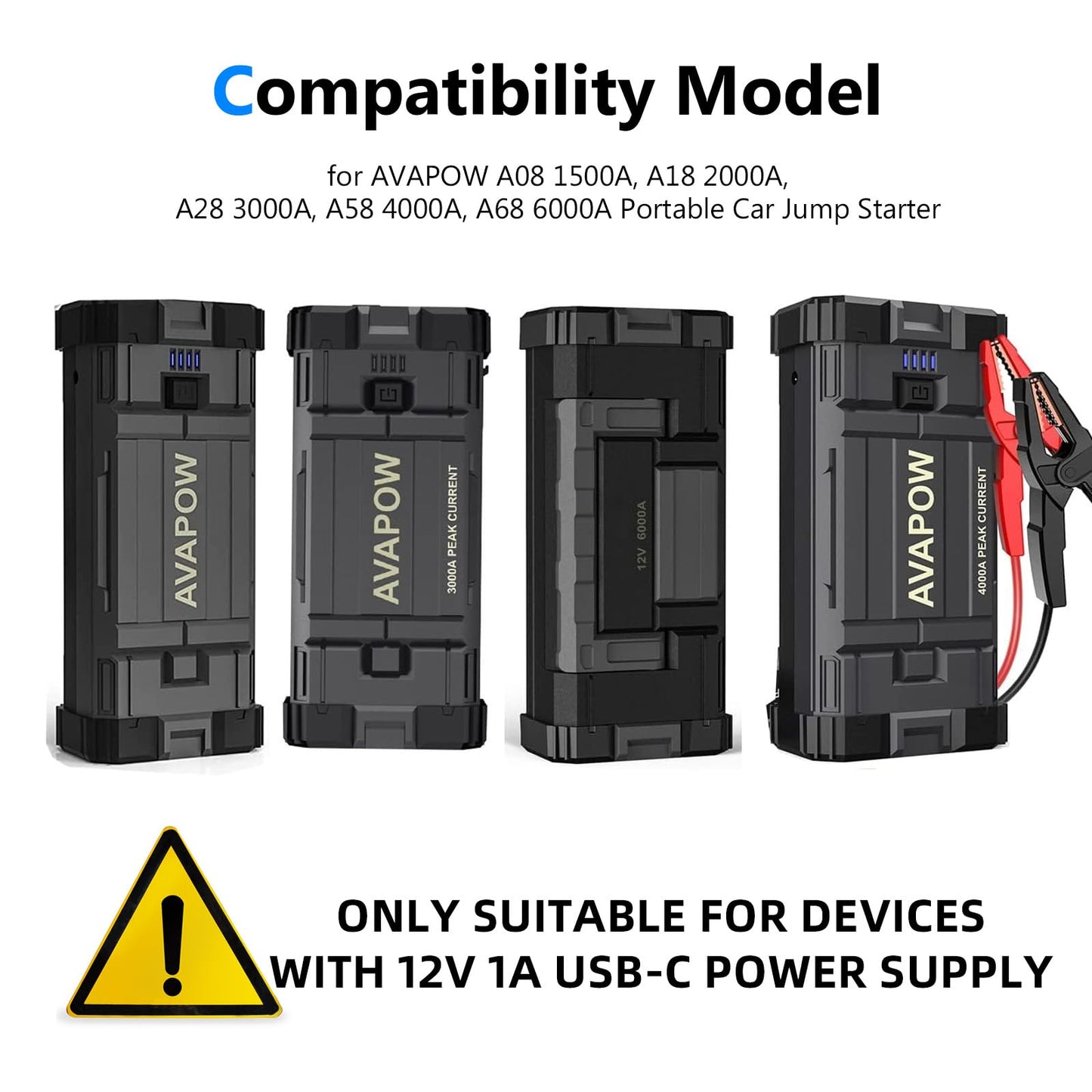 12V AC/DC Adapter USB-C Power Cord Compatible for AVAPOW A58 A68 A28 A08 A18 4000A 6000A 2000A 3000A Car Jump Starter Power Supply