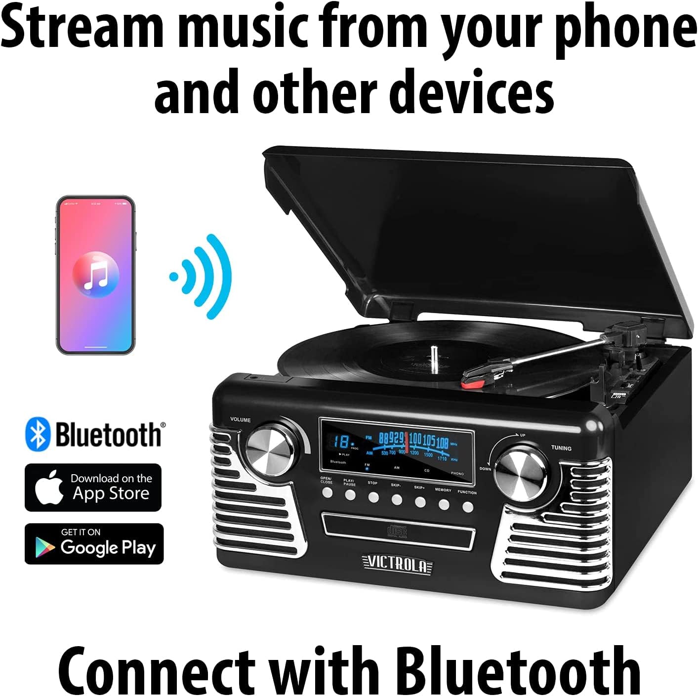 Victrola Haley Retro Bluetooth Record Player & Multimedia Center with Built-in Speakers - 3-Speed Turntable, CD Player, AM/FM Radio, 3.5mm Aux-In