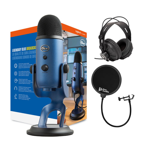 Knox Gear Blue Microphones Yeti USB Microphone (Midnight Blue) Bundle with Closed-Back Studio Monitor Headphones and Pop Filter for Broadcasting and