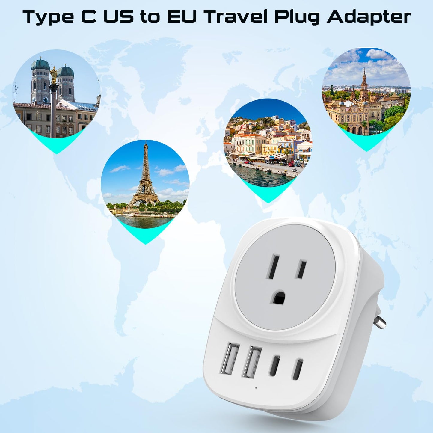 European Travel Plug Adapter,Universal Travel International Power Adapter 2 USBC Port and 2 USBA Port,Fast Charging USB C-C Woven Cable,USB C Power…