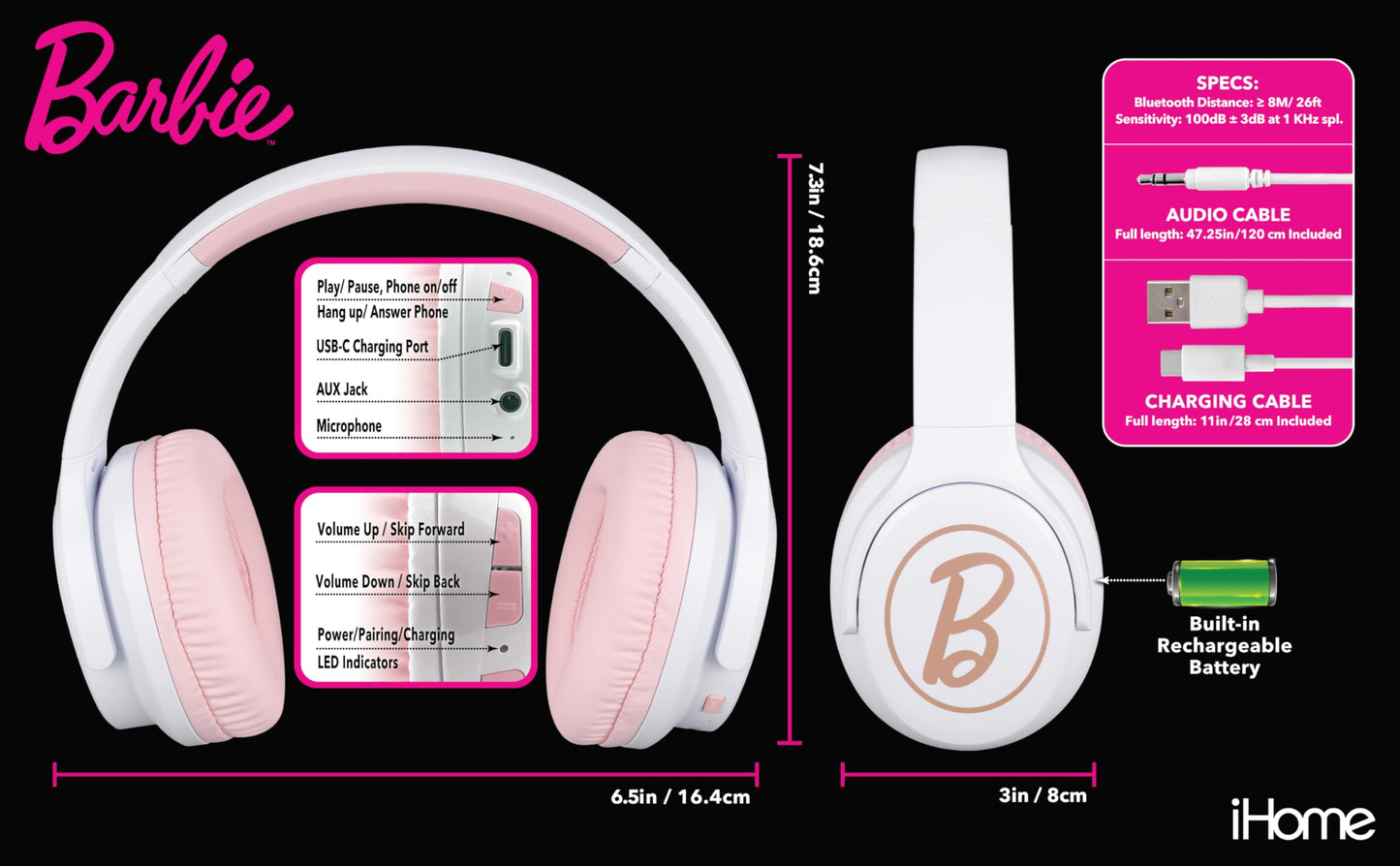 eKids Barbie Wireless Headphones with Microphone, Bluetooth Headphones Include Aux Cord, Earphones for School, Home, or Travel