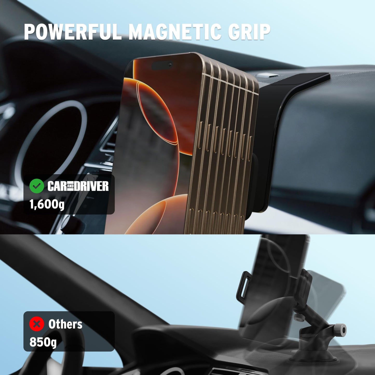 Car and Driver Magnetic Phone Holder for Car - MagSafe Compatible Dashboard Mount, Strong N55 Magnets, Flexible Aluminum Arm, iPhone 17/16/15/14/13