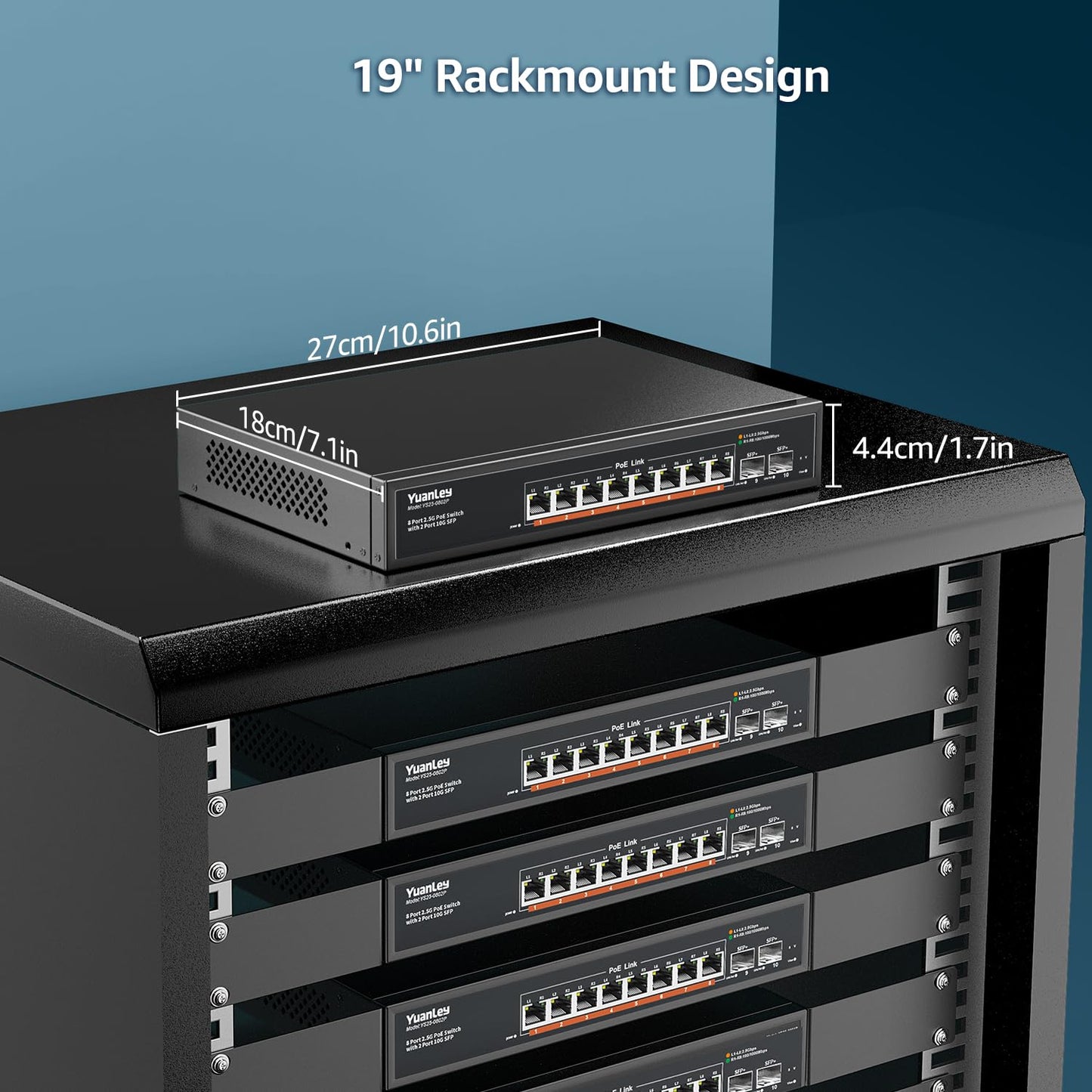 YuanLey 10 Port 2.5G PoE Switch Unmanaged, 8 x 2.5G Base-T PoE Ports, 2 x 10G SFP, IEEE802.3af/at, 120W, Compatible with 100/1000/2500Mbps, Metal