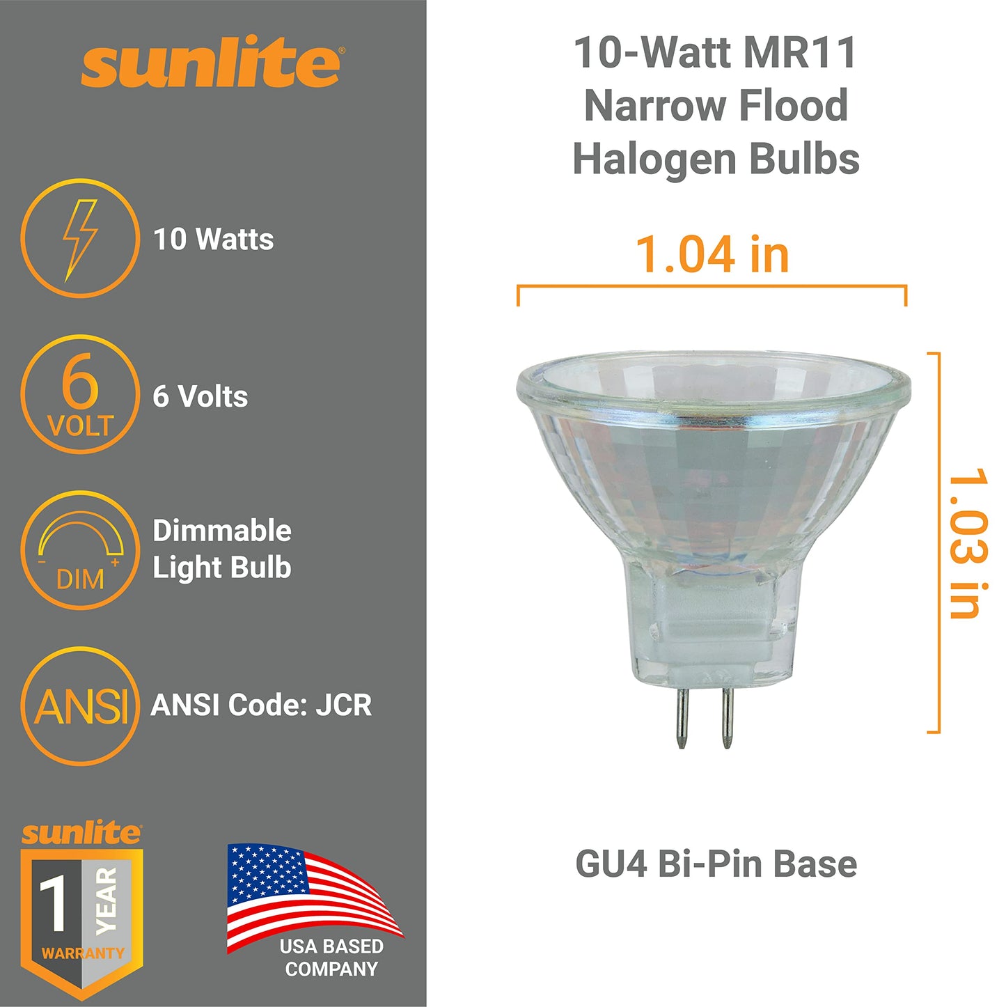 Sunlite 03455 MR11 Halogen Reflector Bulb, 10 Watt, 30° Narrow Flood, 6 Volt, 90 Lumens, 2000 Hour Life Span, Dimmable, GU4 Base, Cover Guard, 3200