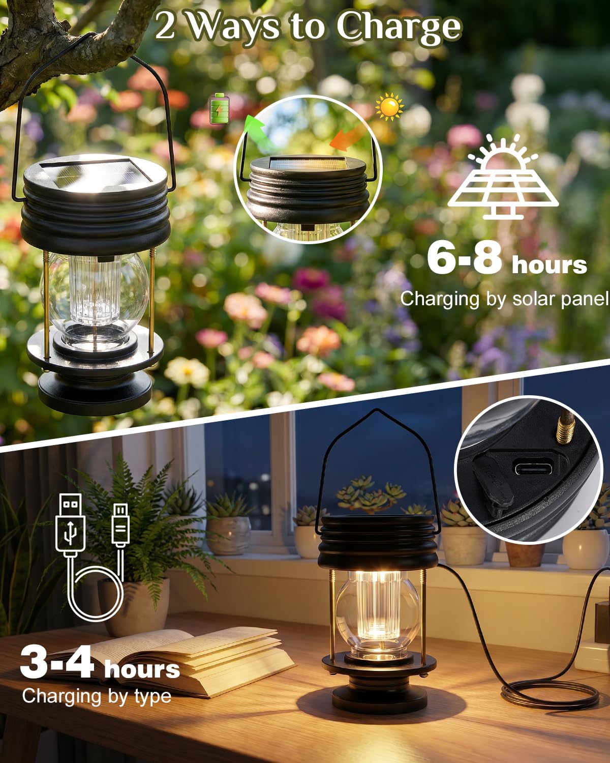 Solar Lanterns Outdoor Hanging Lights, Upgraded Dual Solar & USB Charging, Adjustable Light Sensor, Retro Waterproof Table Lamp for Garden Yard