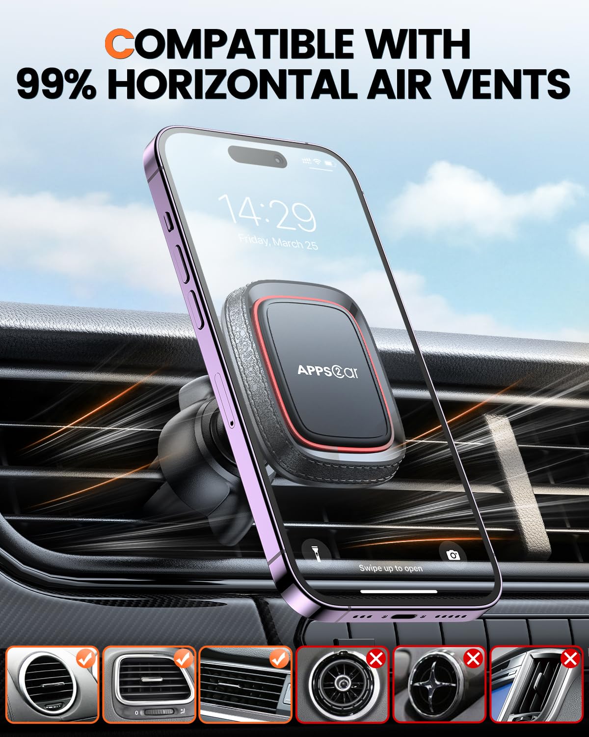 APPS2Car 2 Pack Magnetic Phone Car Mount, Car Phone Holder Mount Magnetic, Built in 6 Strong Magnets, Air Vent Cell Phone Holder for Car