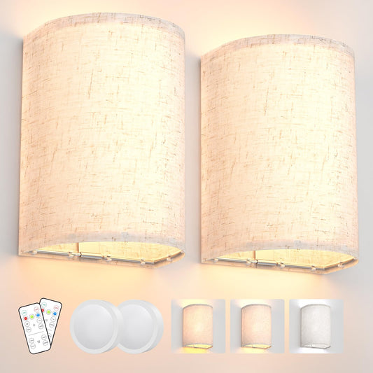 Wall Sconces Set of Two, Battery Operated Wall Sconces 3 Colors Changeable Dimmable Wall Lights Fixtures with Remote Control Fabric Wall Lamp Sconces