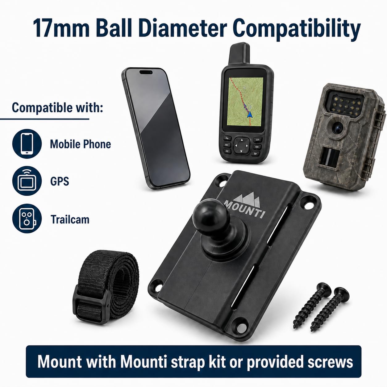 Mounti Mounting Plate with 17mm Ball for Smartphones, GPS, Trail Cams, Black, Tough UV + Weather Resistant Polymer
