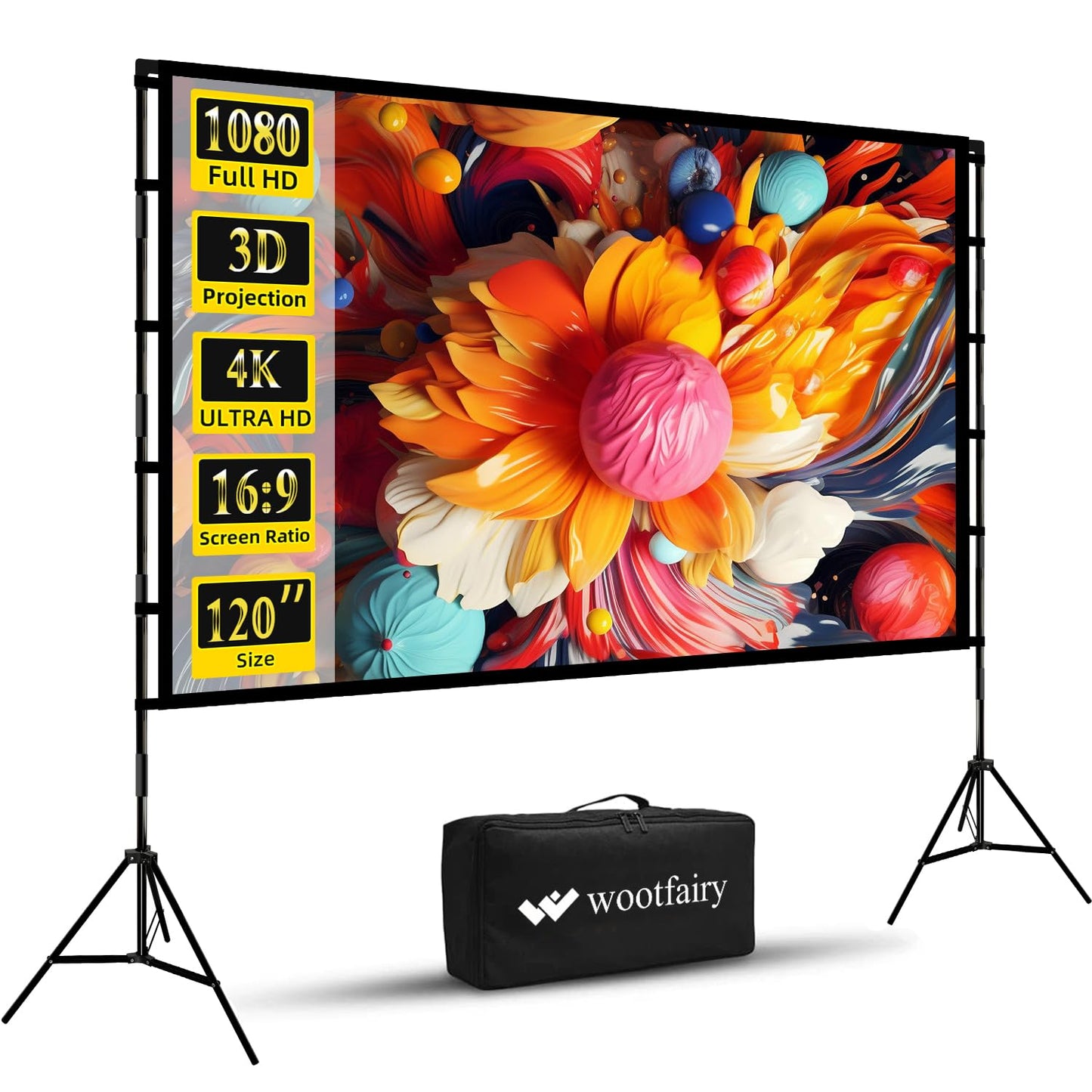 Projector Screen and Stand, Wootfairy 120 inch Foldable and Portable Projection Screen 16:9 4K HD Rear Front Wrinkle-Free Movie Screen with Carry Bag