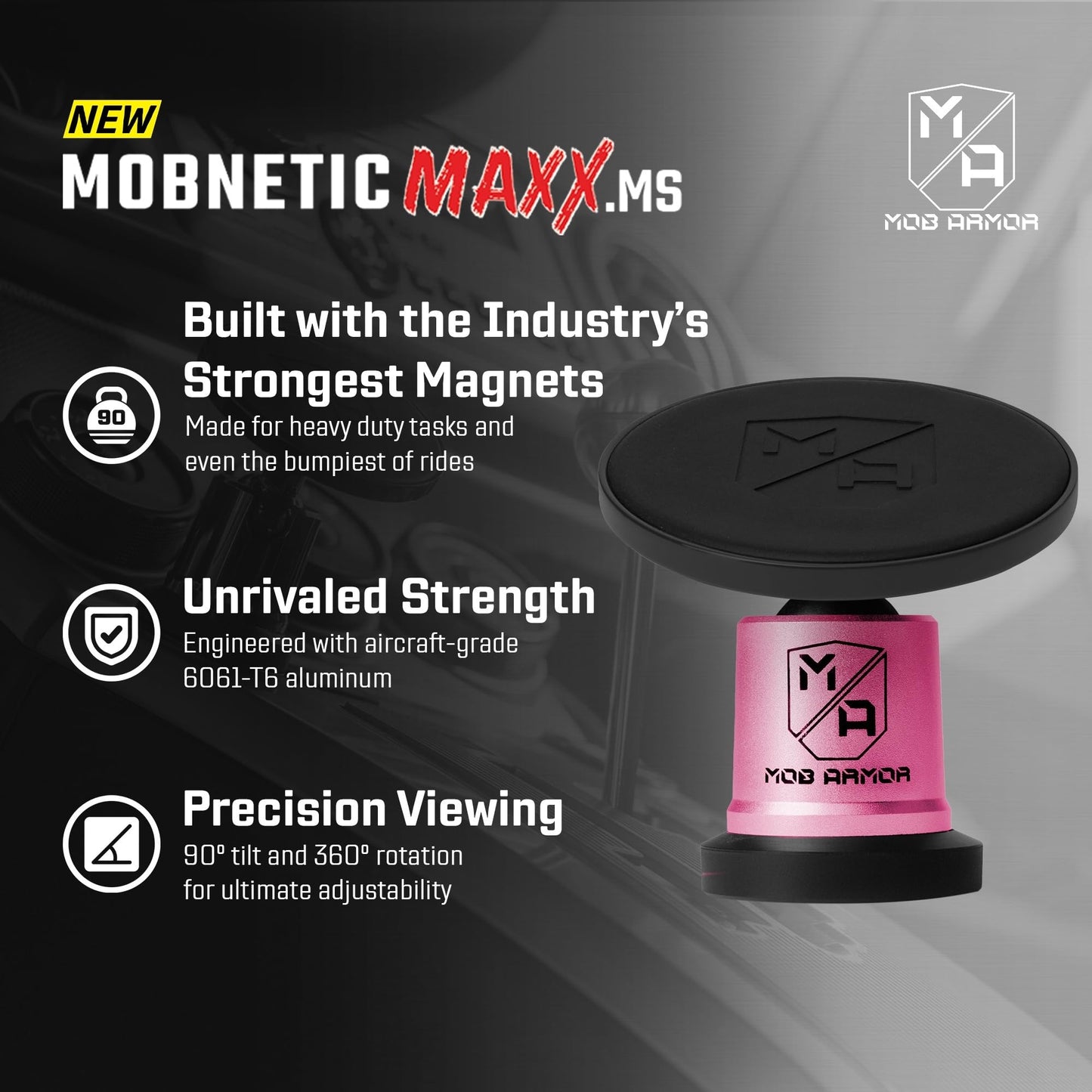 Mob Armor MobNetic Maxx MS - MagSafe Compatible Car Phone Mount w/ 90º Tilt, 360º Rotation & Durable Aluminum Build, Magnetic Holder for iPhone
