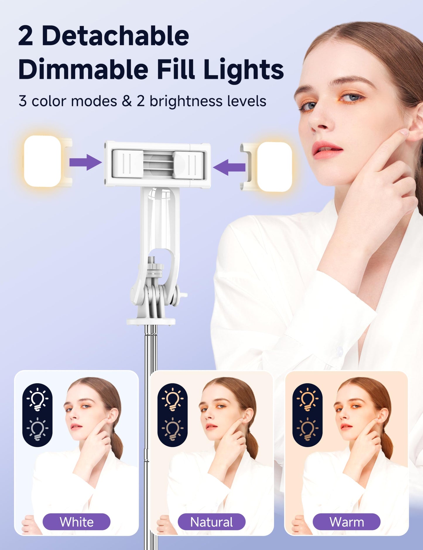 Selfie Stick Tripod with 2 Light, 3 Light Modes & 6 Brightness Levels Extendable Phone Tripod with Detachable Remote & Phone Holder, Portable Camera