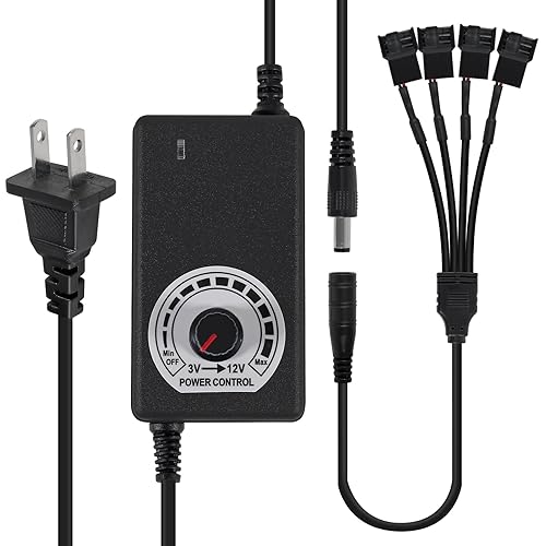UMLIFE 12V PC Fan Speed Controller, Fan Power Supply 100-240V AC to 3-12V DC 36W Adjustable, with Fan Splitter Cable 4X 3pin or 4pin PWM Connector AC…
