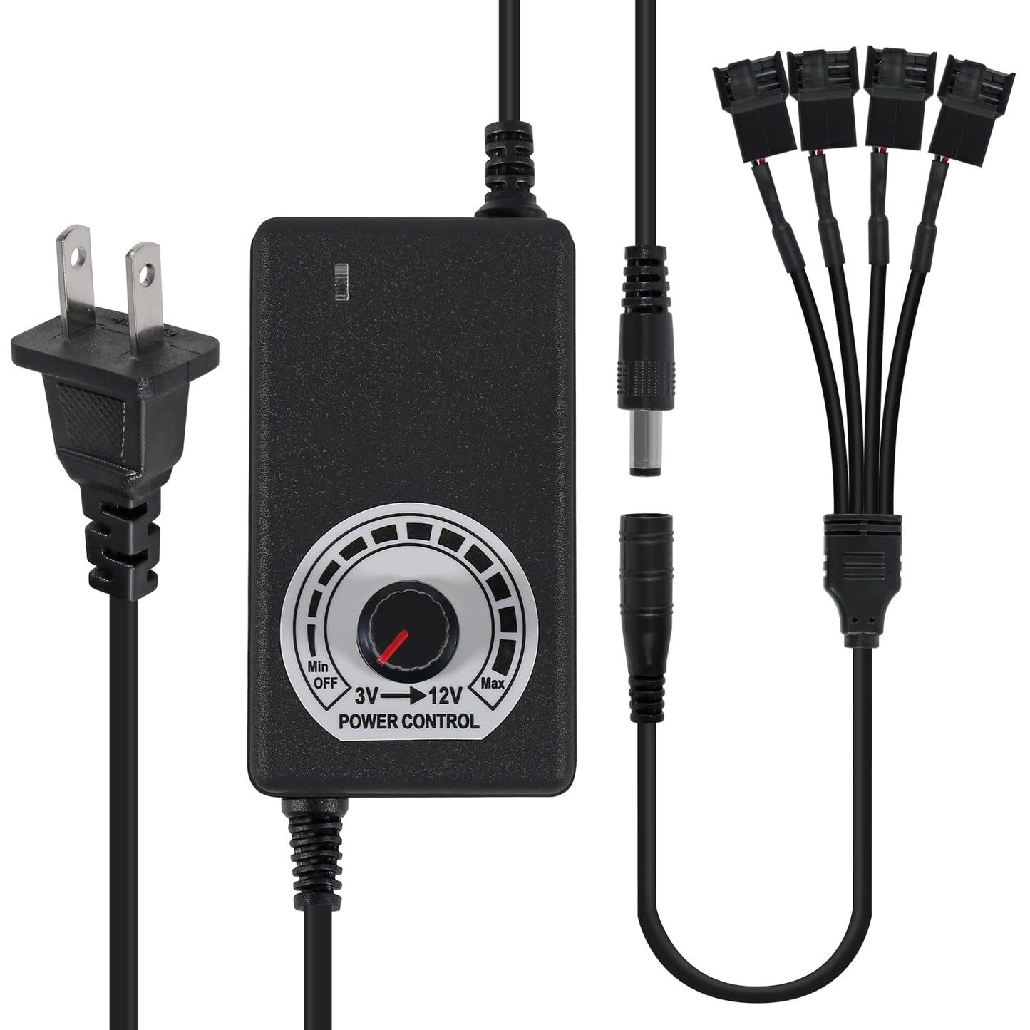 UMLIFE 12V PC Fan Speed Controller, Fan Power Supply 100-240V AC to 3-12V DC 36W Adjustable, with Fan Splitter Cable 4X 3pin or 4pin PWM Connector AC…