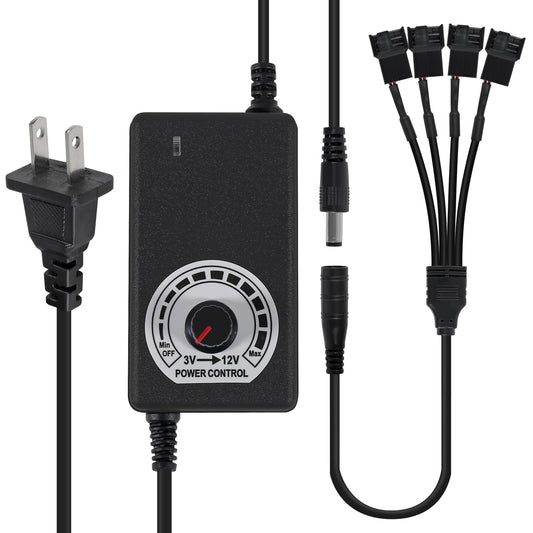 UMLIFE 12V PC Fan Speed Controller, Fan Power Supply 100-240V AC to 3-12V DC 36W Adjustable, with Fan Splitter Cable 4X 3pin or 4pin PWM Connector AC…