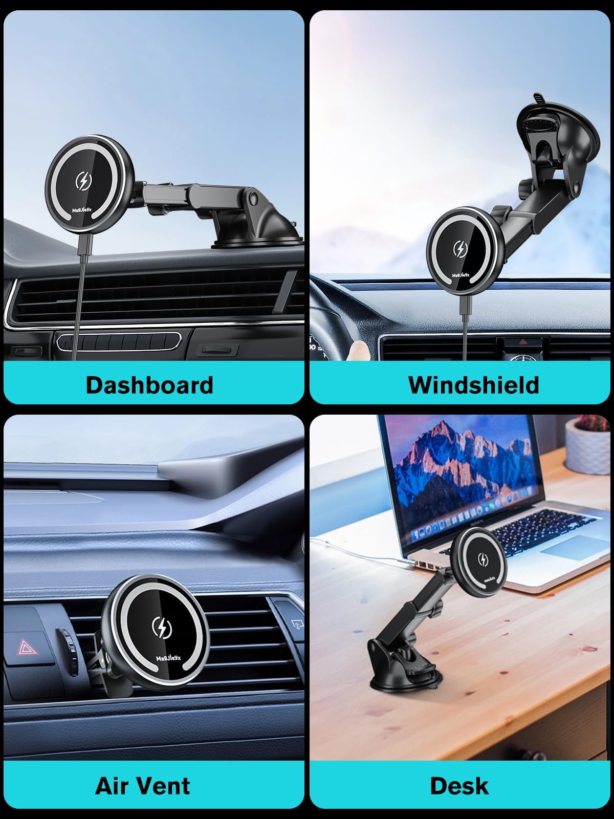 MAGJIEYX for Magnetic Magsafe Car Mount Charger, Wireless Car Charger with QC3.0 Adapter(38W Max) Phone Holder Fits iPhone17/16/15/14/13Plus/MagSafe