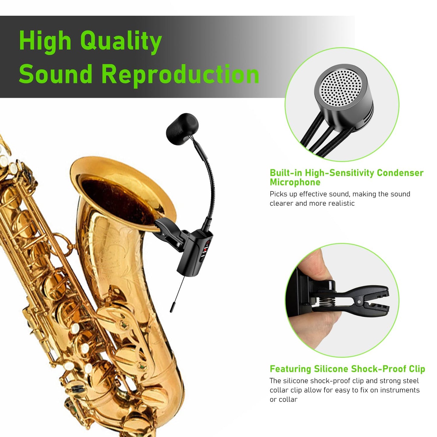 ACEMIC UHF Wireless Saxophone Microphone System Wireless Transmitter and Receiver Clip-on Instrument Microphones & Systems Mic for Trumpet, Sax
