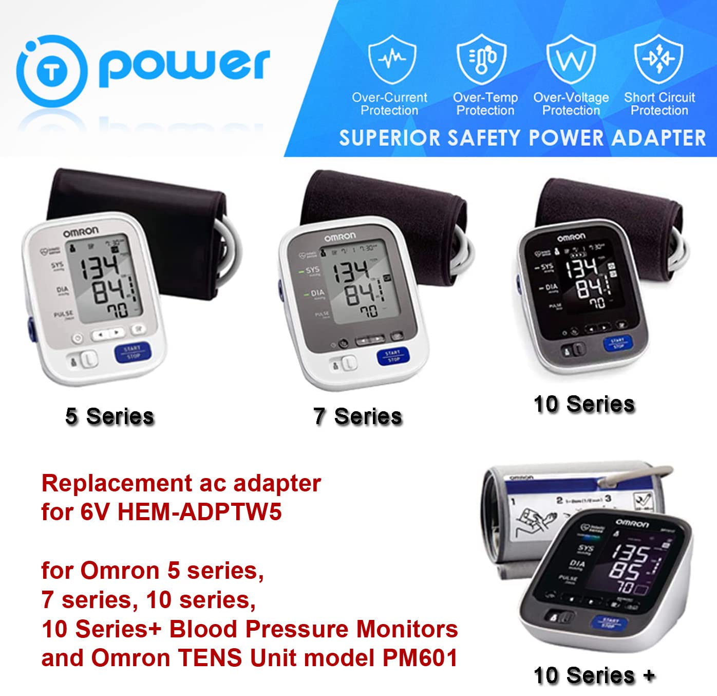 T Power Charger Compatible for Omron 5 Silver Bp5250 Gold Bp5350,Hem-71571T-Z 7 10 Series Bp742N Bp760N Bp761 Bp785N Bp786N Upper Arm Blood Pressure…