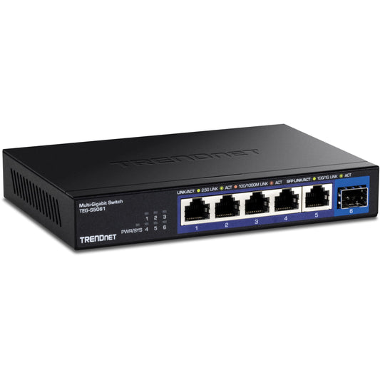 TRENDnet 6-Port Unmanaged 2.5G Switch with 10G SFP+Port, TEG-S5061, 5 x 2.5GBASE-T Ports, 45Gbps SwitchingCapacity, Fanless, Wall Mountable, (Renewed)