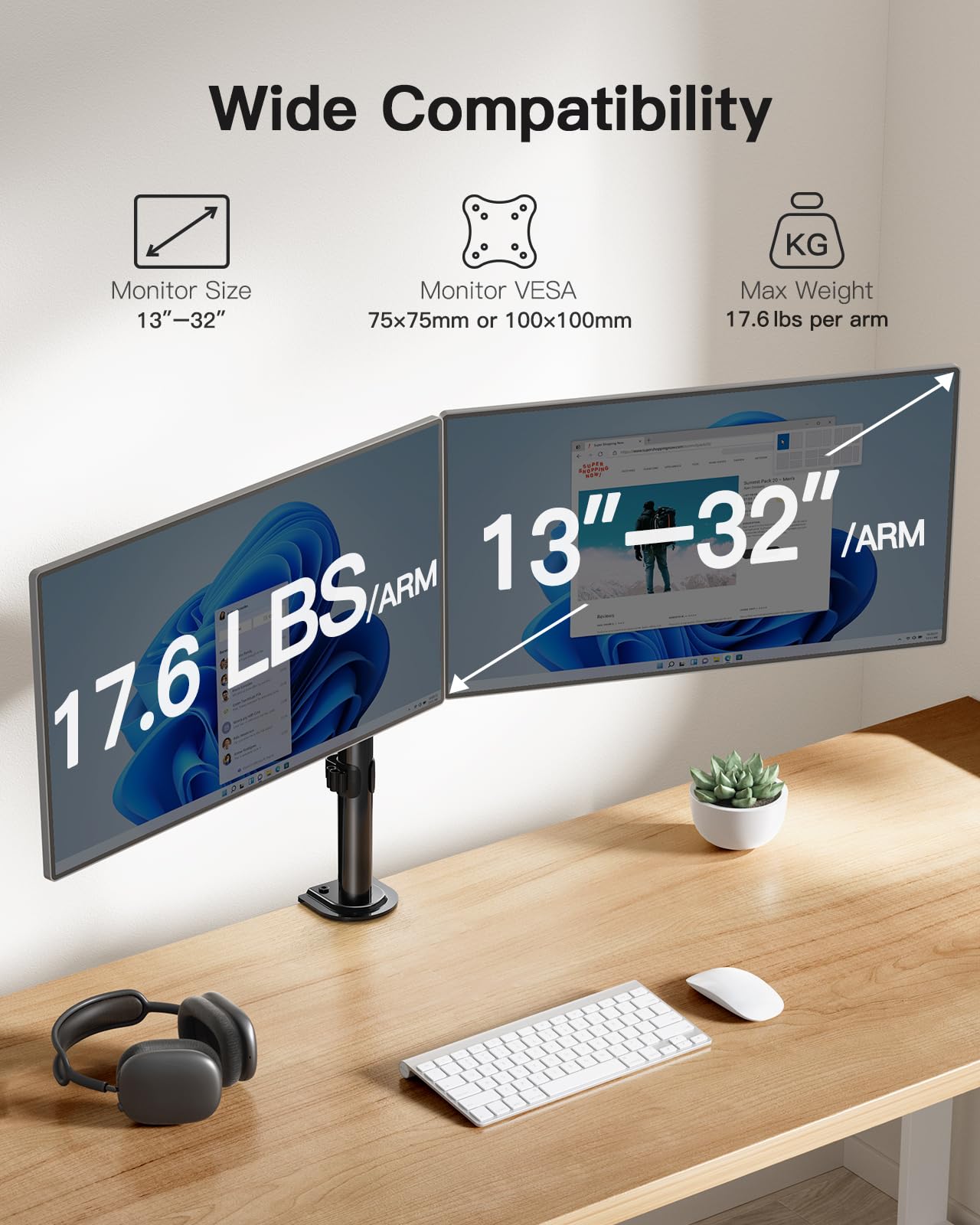 HUANUO Dual Monitor Mount for 2 Monitors up to 32 inches, Heavy Duty Dual Monitor Stand Holds up to17.6lbs, Dual Monitor Arm with Height Adjustable