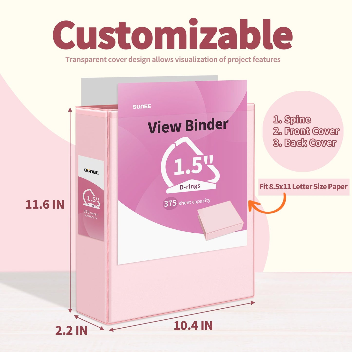SUNEE 3 Ring Binder 1.5 Inch D Ring, Clear View Binder Three Ring PVC-Free (Fit 8.5x11 Inches) for School or Office Supplies, Assorted Pastel, 4 Pack