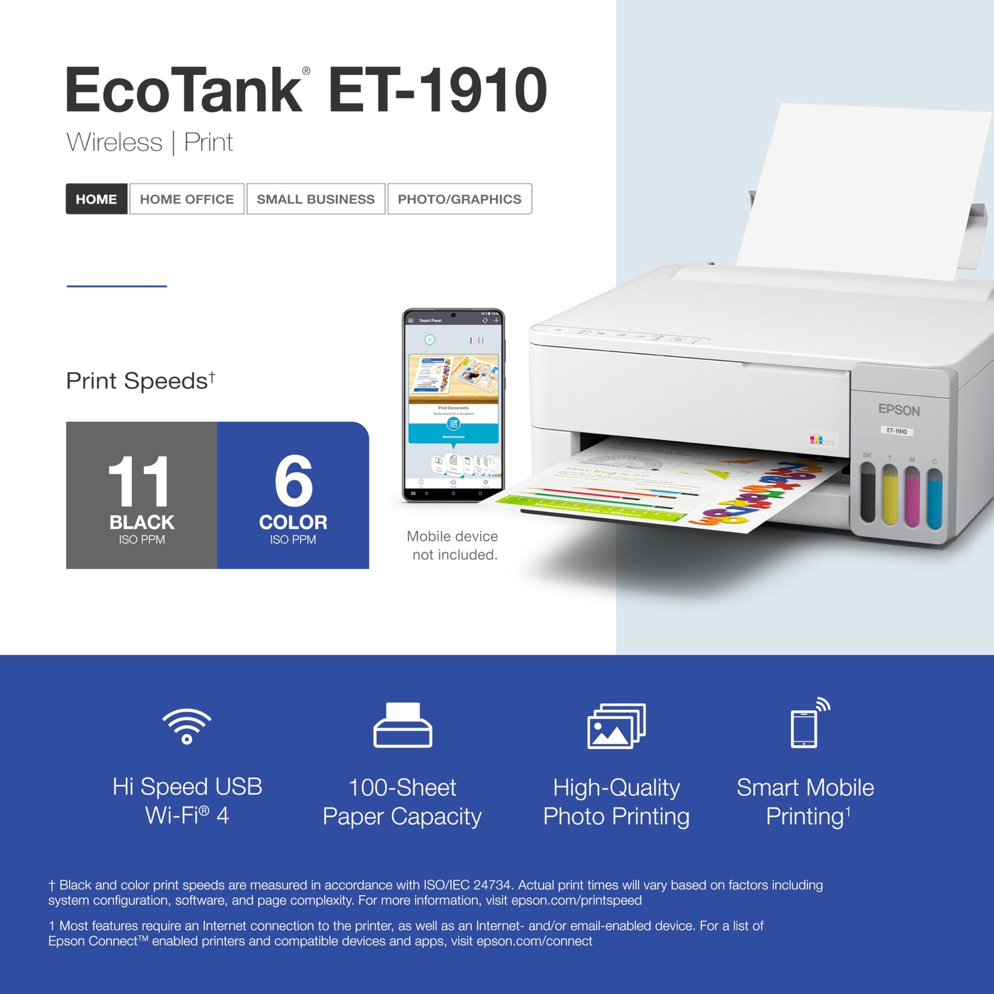 Epson EcoTank ET-1910 Wireless Color Supertank Printer with up to 3 Years of Ink, Refillable Tanks, Perfect for Home, 11 PPM, 100-Sheet Paper Tray
