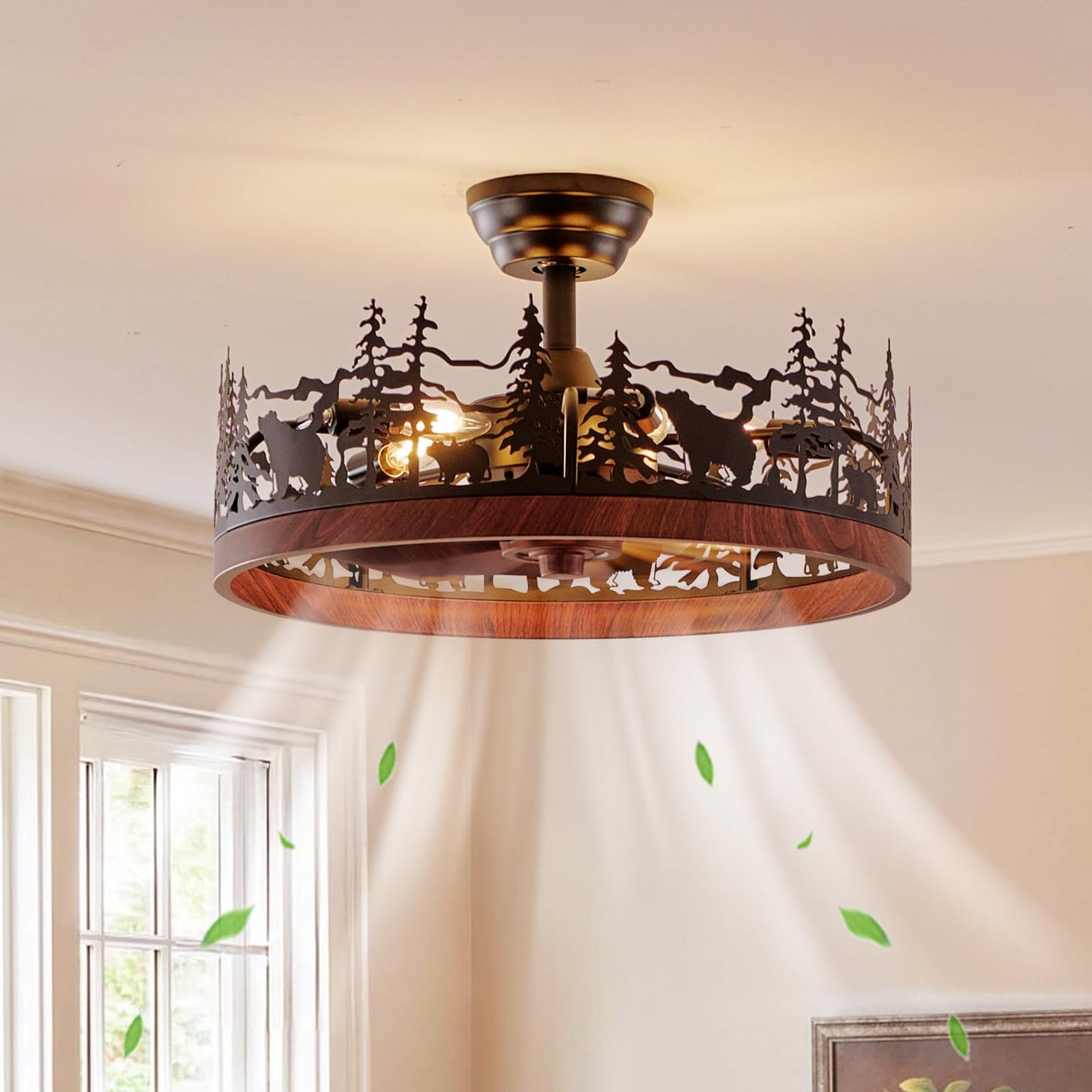 Monikessy Farmhouse Rustic Ceiling Fan with Light and Remote, 21.7" Flush Mount Enclosed Bladeless Black Chandelier Fan with Forest and Bear