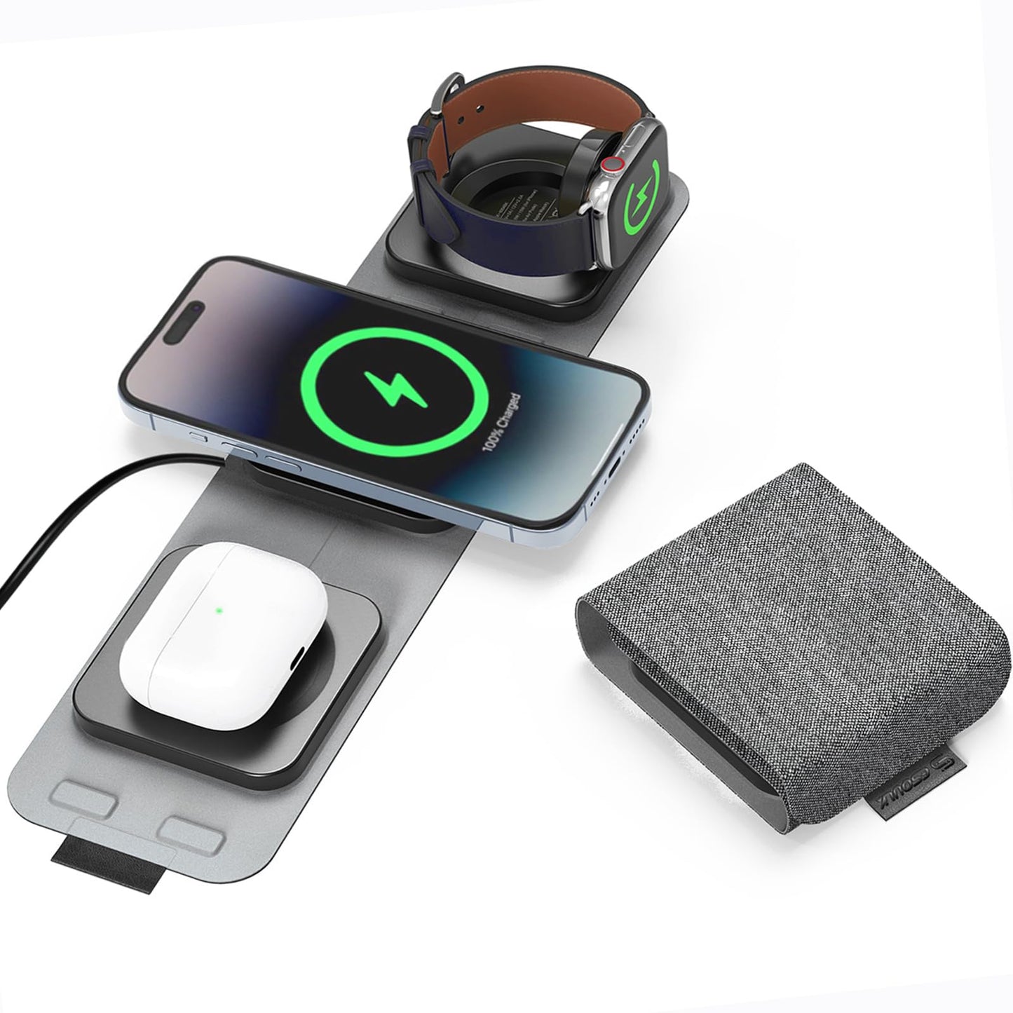 Esoulk 3-in-1 Wireless Travel Charger for iPhone, Airpods, Apple Watch - 15W 5W 2.5W for Smart Phone Watch Compact Foldable Travel Pocket Size