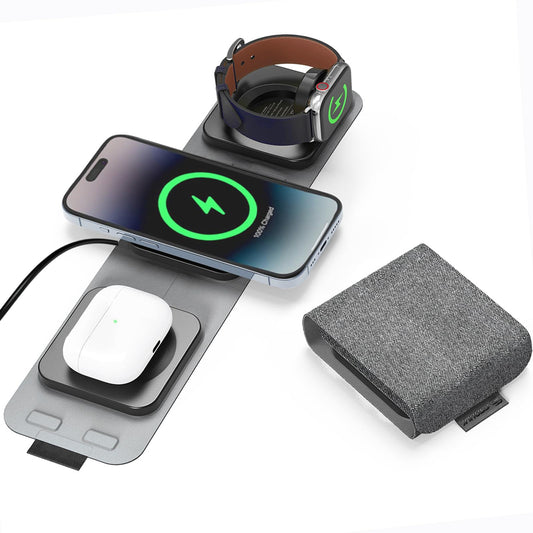 Esoulk 3-in-1 Wireless Travel Charger for iPhone, Airpods, Apple Watch - 15W 5W 2.5W for Smart Phone Watch Compact Foldable Travel Pocket Size