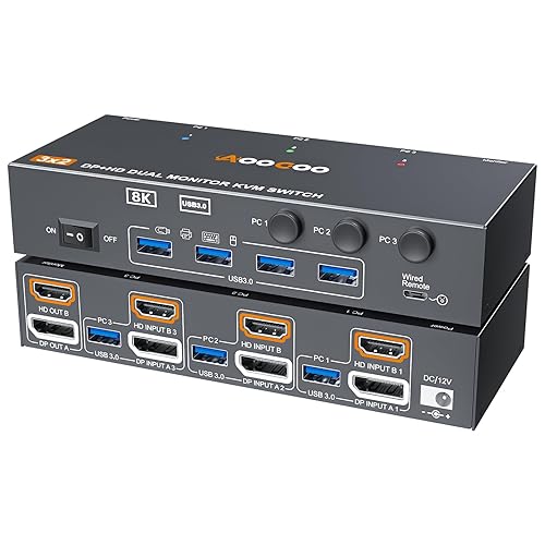 KVM Switch 2 Monitors 3 Computers 8K@60Hz/4K144Hz,DP+HDMI USB3.0 Dual Monitors KVM Switches with 4 USB 3.0 Port,Wired Remote,USB3.0 Cables Included(8K