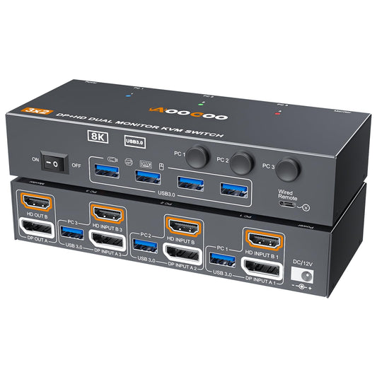 KVM Switch 2 Monitors 3 Computers 8K@60Hz/4K144Hz,DP+HDMI USB3.0 Dual Monitors KVM Switches with 4 USB 3.0 Port,Wired Remote,USB3.0 Cables Included(8K