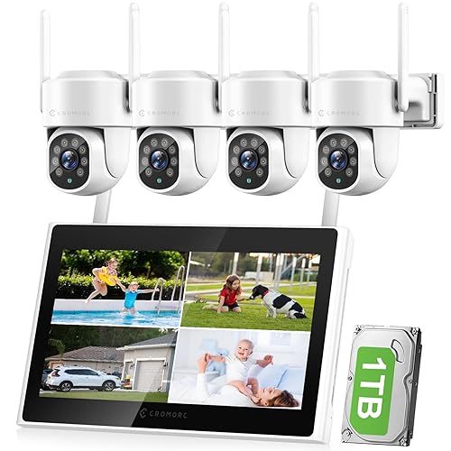 Cromorc Expandable 10CH Wireless Security Camera System with 10.1" Monitor, AI Human Detection, Floodlight,Siren Alarm, 2-Way Audio,4PCS 5MP PTZ