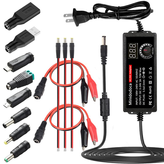 72W Power Supply Adjustable DC 3V ~ 24V Variable Universal Switching AC/DC Adapter Minidodoca AC to DC Converter with LED Voltage Display and 13…