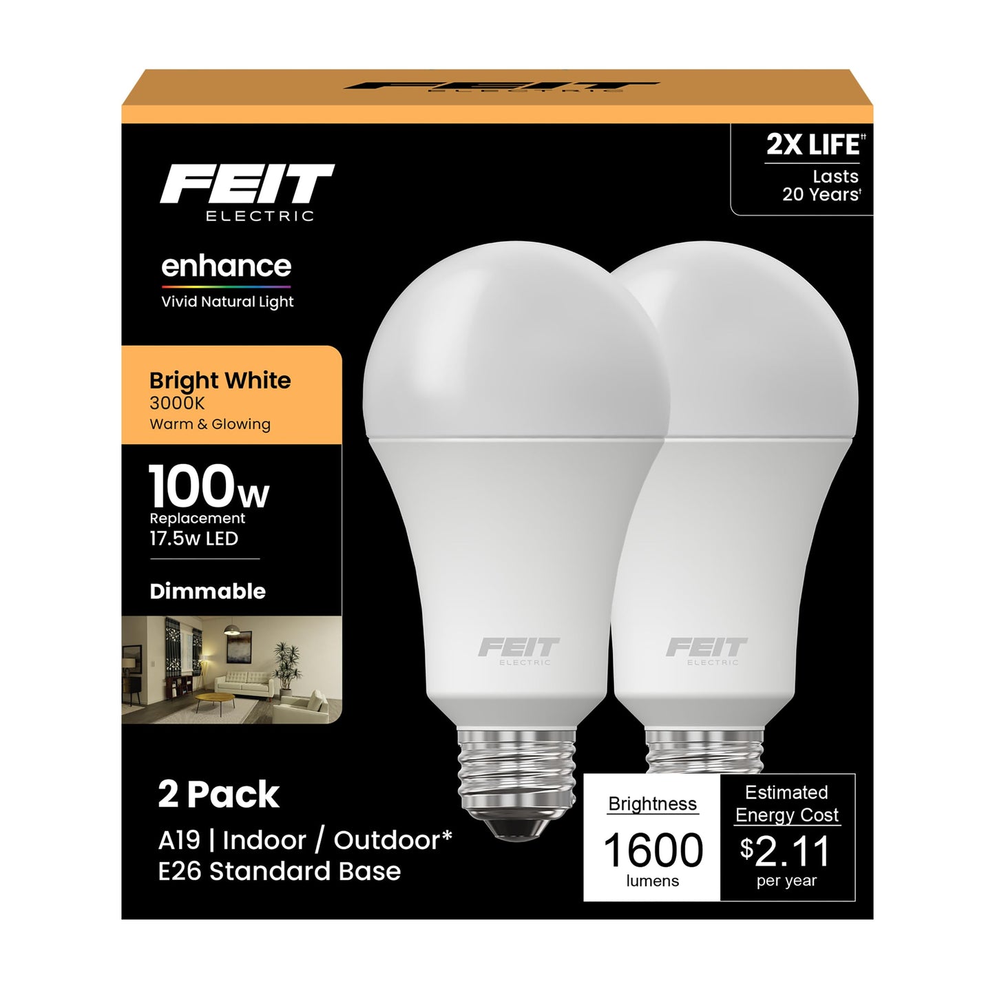 Feit Electric Enhance A19 LED Light Bulb, 100W Eq, Bright White, 2 Pack