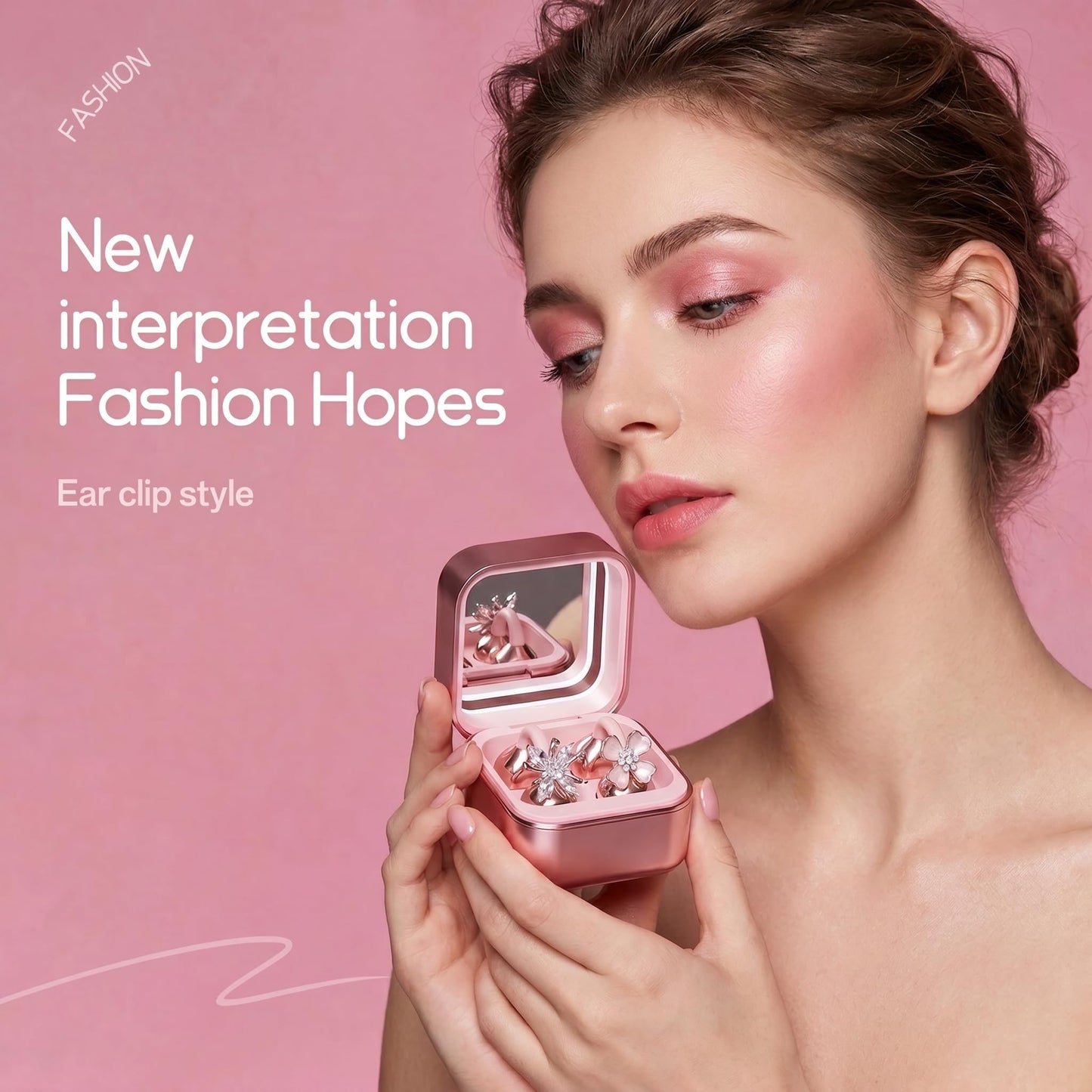 Wireless Earbuds with LED Makeup Mirror Case, Bluetooth 6.0 Open Ear Clip-On Headphones, Cute Pink Air Conduction Earphones for Women, Low Latency