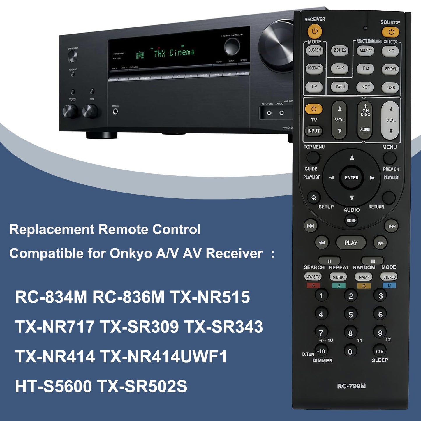 Universal Replacement Remote Controller for Onkyo AV Reciever RC-834M RC-836M TX-NR515 TX-NR717 TX-SR309 TX-SR343 TX-NR414 TX-NR414UWF1 HT-S5600