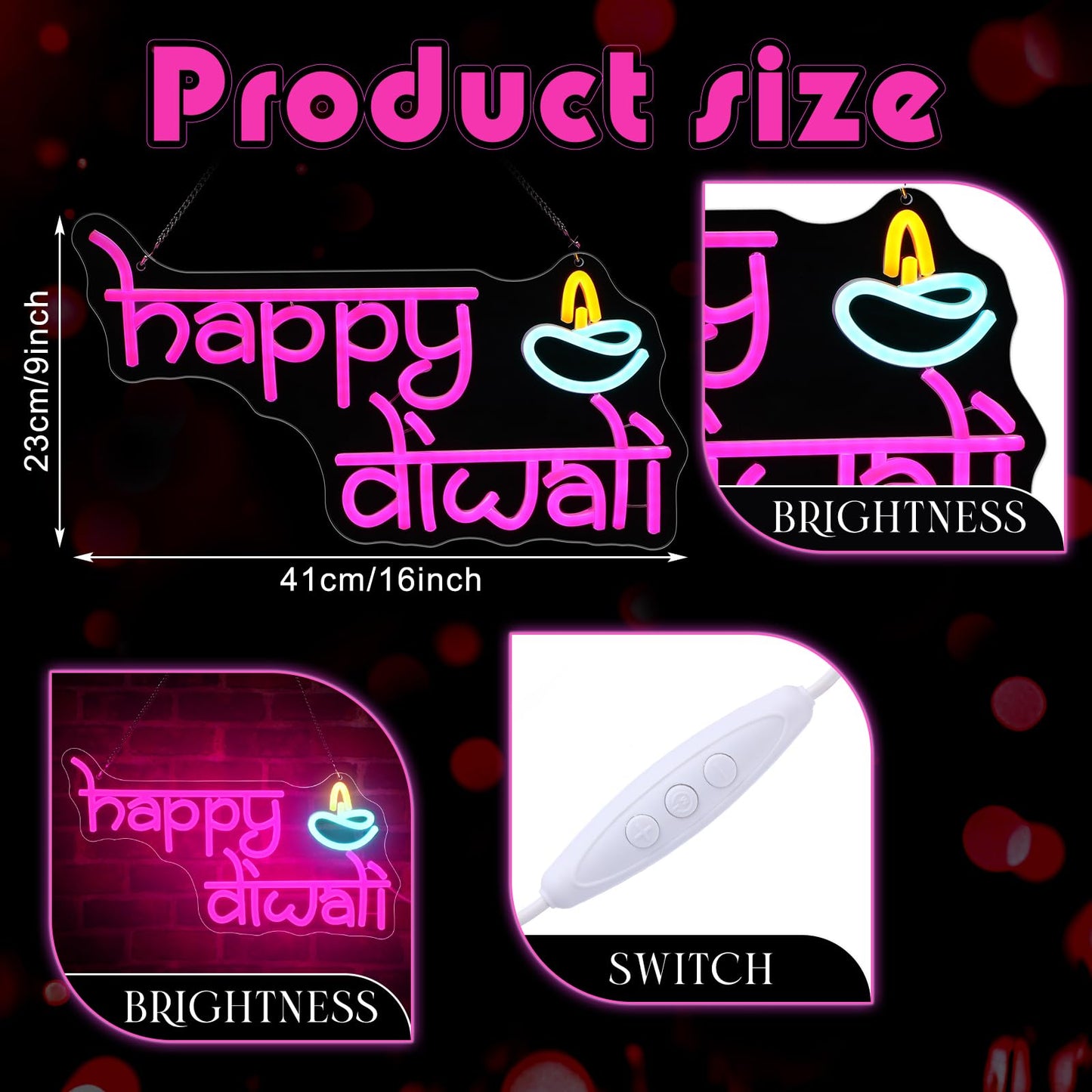 WILLBOND Happy Diwali Neon Sign Diwali Diya Party Decoration Deepawali LED Neon Light Sign Indian Hindu Pooja Room Light Hanging Decoration for Puja