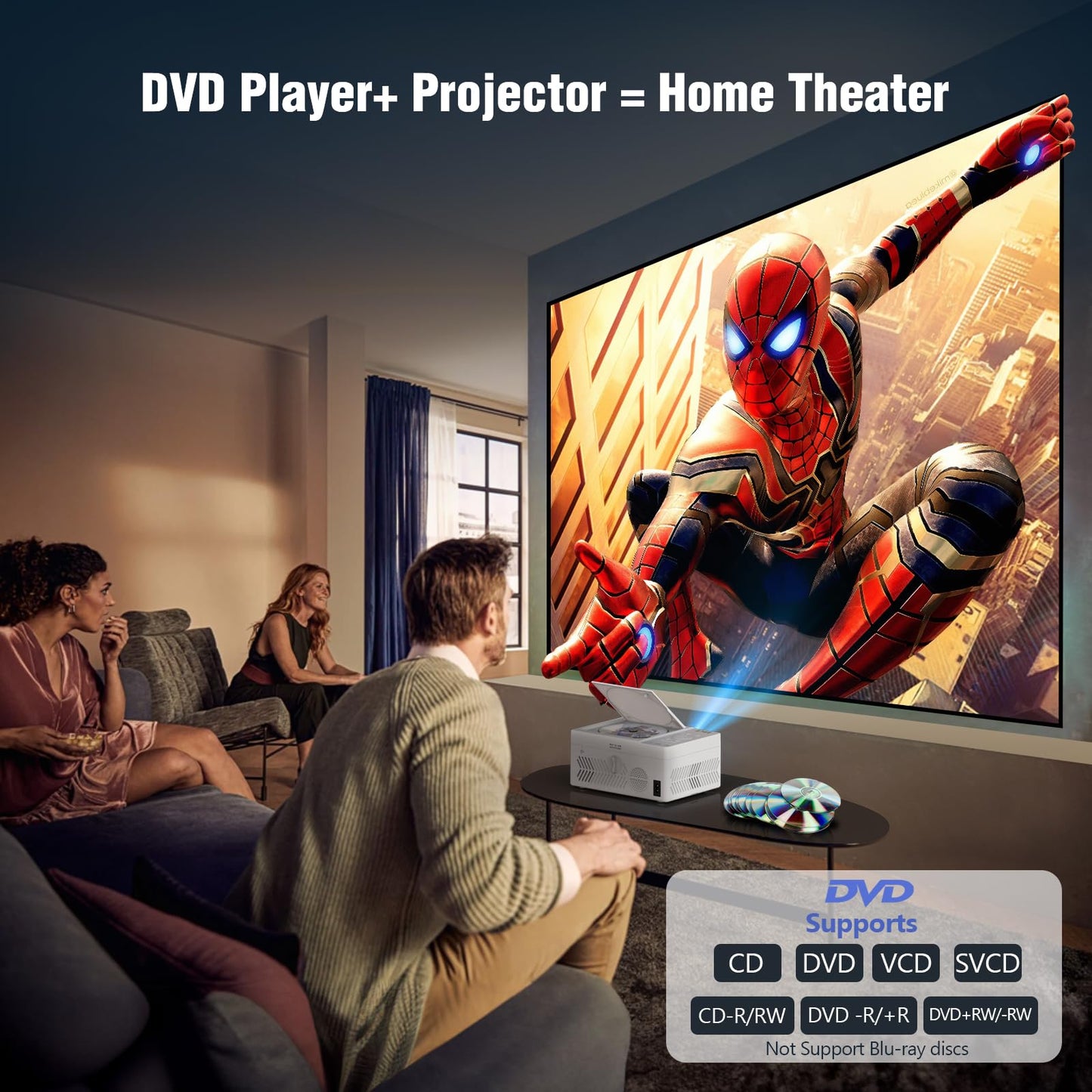 TMY Bluetooth Projector with DVD Player Built in, 1080P Mini Projector, Portable DVD Projector for Outdoor Movies, Compatible with Smartphone/PC/TV