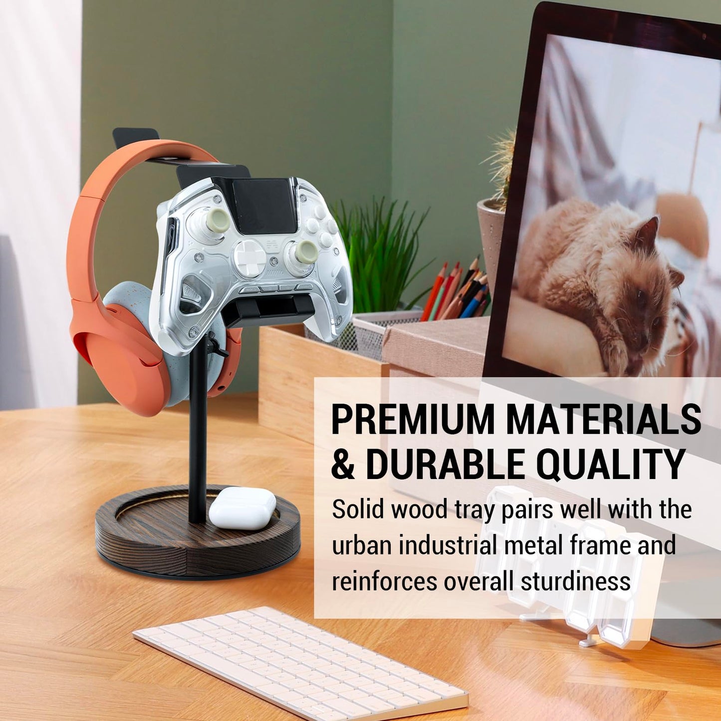 MyGift Industrial Matte Black Metal Headphone Stand with Adjustable Height and Burnt Wood Tray - Desktop Headset Holder for Office, Gaming, or Studio…