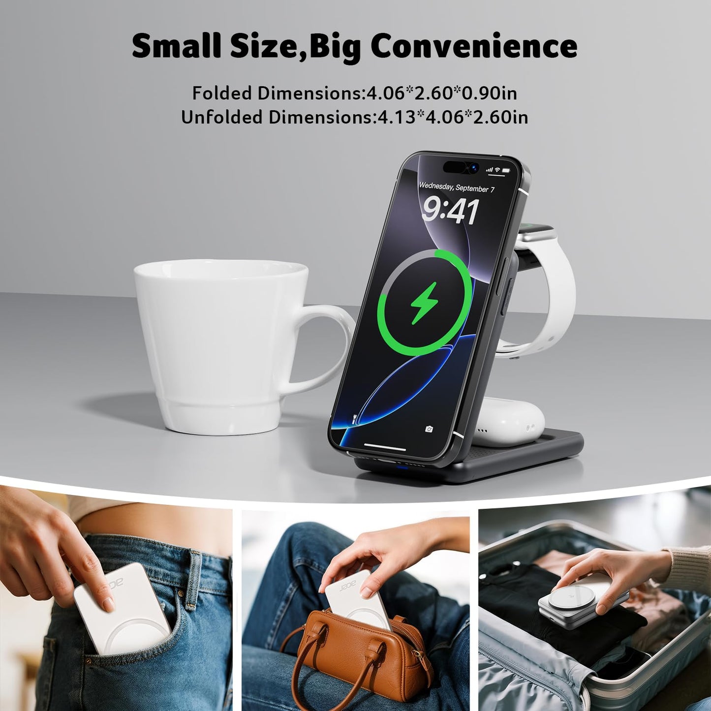 Acer 3 in 1 Charging Station for Apple Device, Magnetic Palm-Sized Foldable Fast Charger Stand Compatible with MagSafe for iPhone 17, Apple Watch