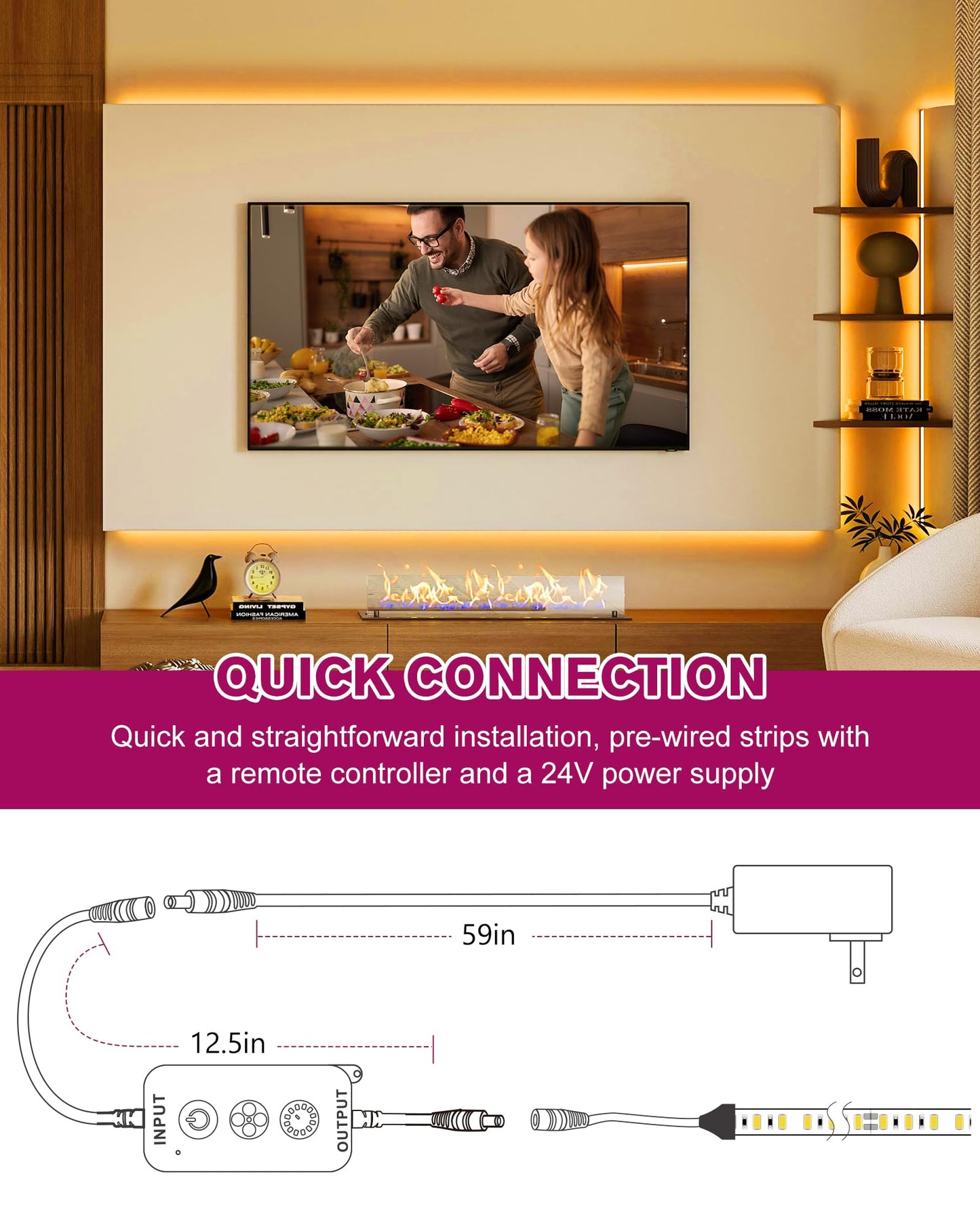 EMITEVER LED Strip Lights Kit Warm White with Remote & 24V Power Supply,16.4ft Dimmable Tape Light 2700K, High Density 600LEDs, 240+LM/FT, CRI95+