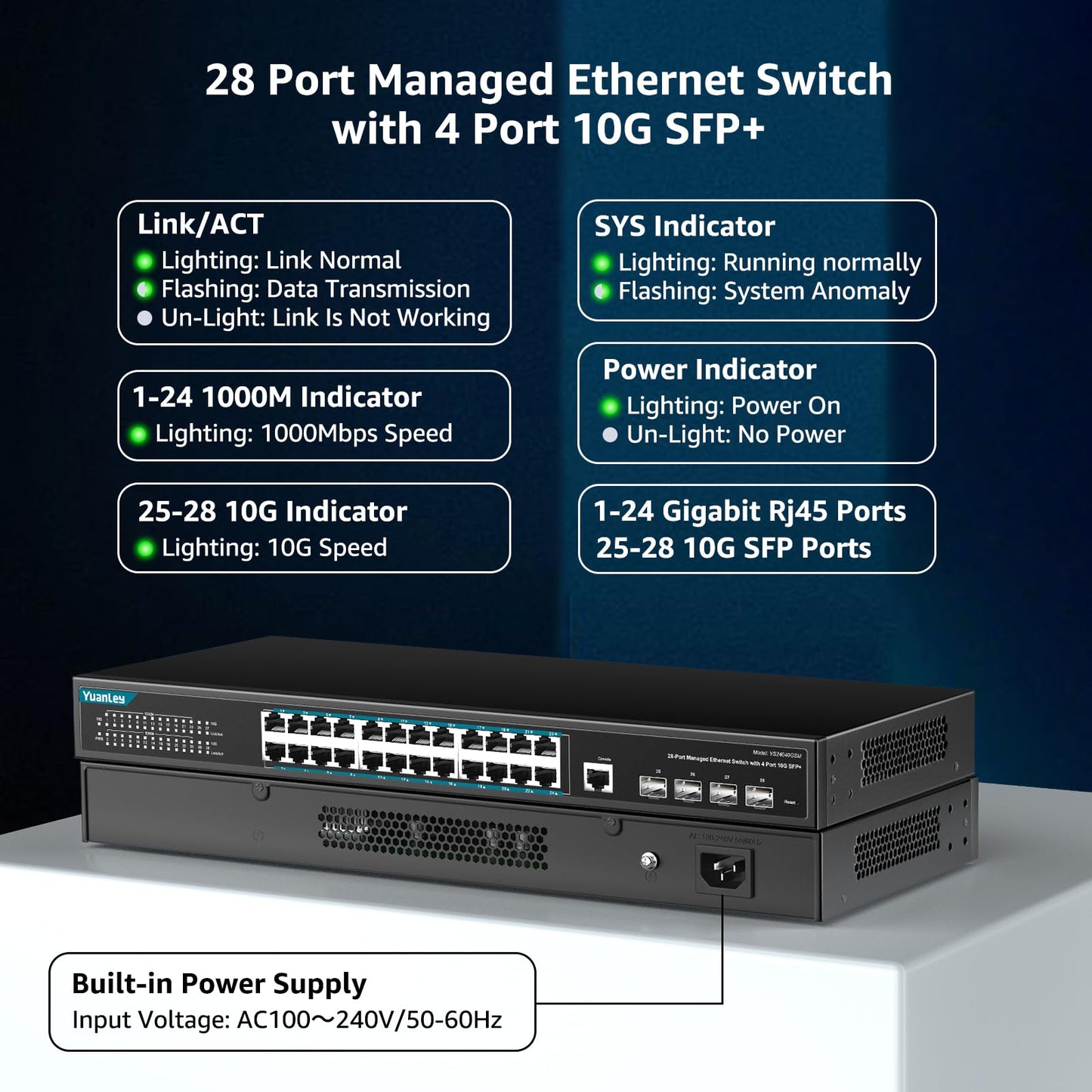 YuanLey 28 Port Gigabit Managed Switch with 24 10/100/1000Mbps RJ45 Ports, 4X 10Gbps SFP+, L3 Smart Managment Ethernet Switch, VLAN, QoS, ACL, SSL