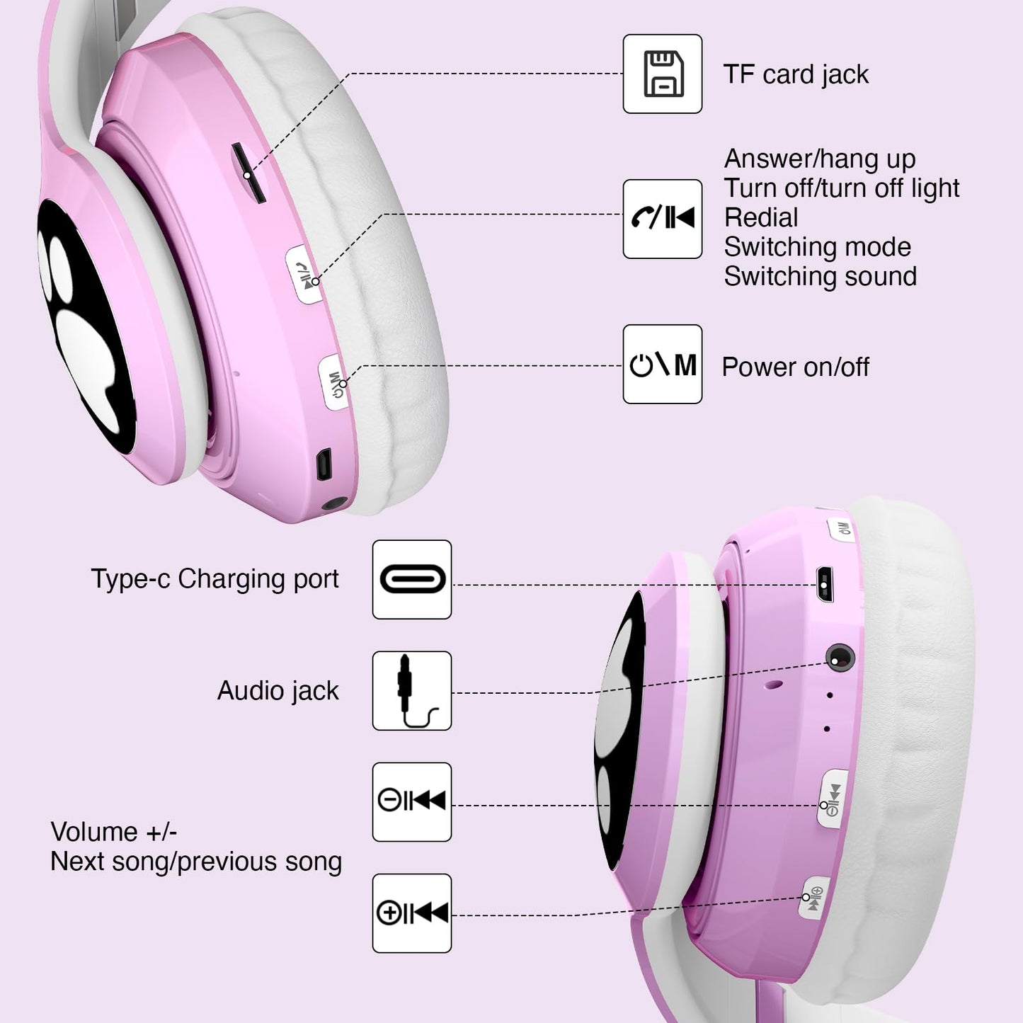 KERHAND Bluetooth Noise Cancelling Headphones for Kids,Foldable Cat Headphone with LED Light Up Ear,Cat Ear Headphones for Toddler with Microphone/TF